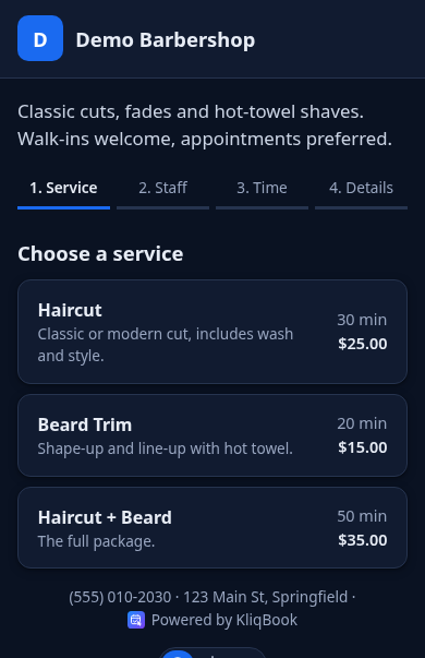 Booking page on a phone (dark mode)