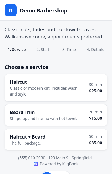 Booking page on a phone